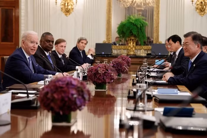 US President Joe Biden, US climate envoy John Kerry, US National Security Advisor Jake Sullivan and US Defense Secretary Lloyd Austin participate in an expanded bilateral meeting with Republic of Korea's President Moon Jae-in at the White House, in Washington, US May 21, 2021. (Photo: Reuters)