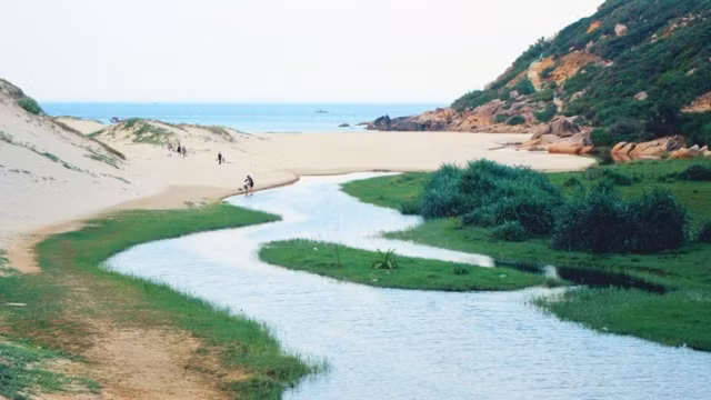 Standing at the top of Dai Lanh light house, one can see a little further to find the jade and crystalline Bai Mon beach on the right side, with a long beach and soft white sand. 