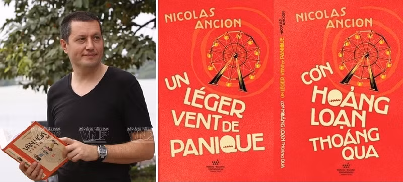 Belgian author Nicolas Ancion and the cover of bilingual novel ‘Leger Vent de Panique’ (Photo: VNP)