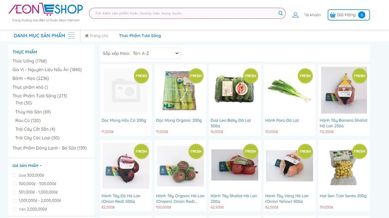Vegetables are on sale on the website of Aeon Vietnam.