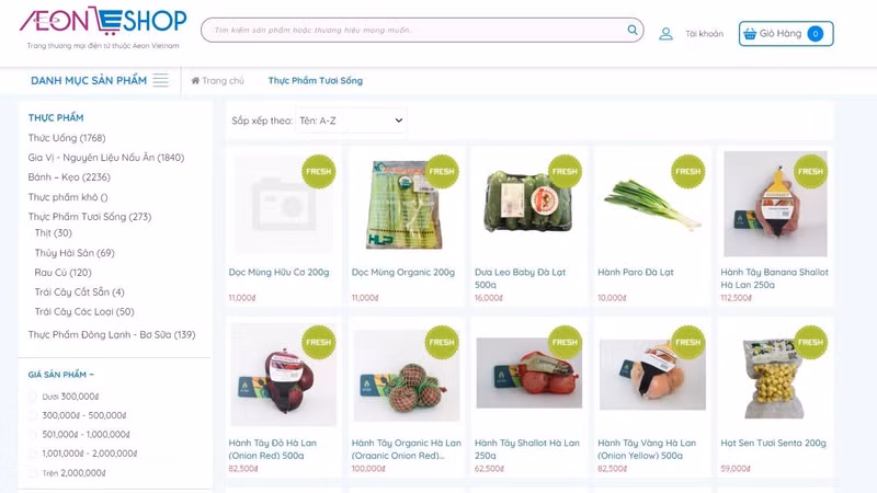 Vegetables are on sale on the website of Aeon Vietnam.