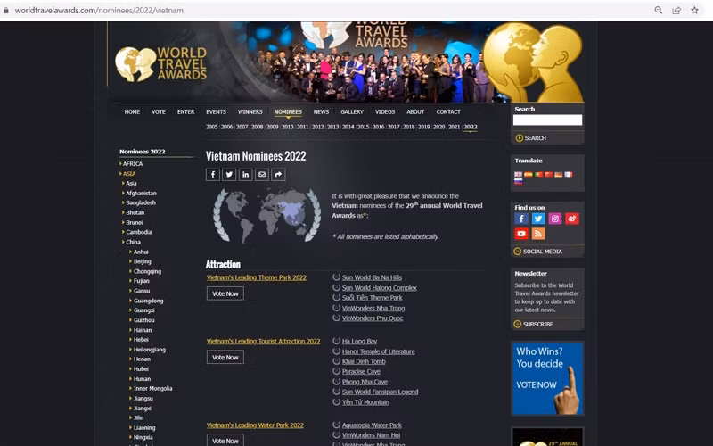 Vietnam nominated in 61 categories at 2022 World Travel Awards for Asian region