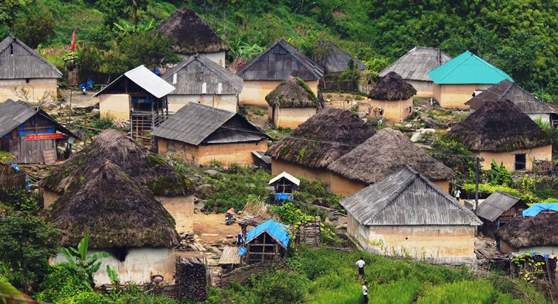 A picturesque view of a village of Ha Nhi people in Y Ty commune, Bat Xat province, Lao Cai province seen from above 