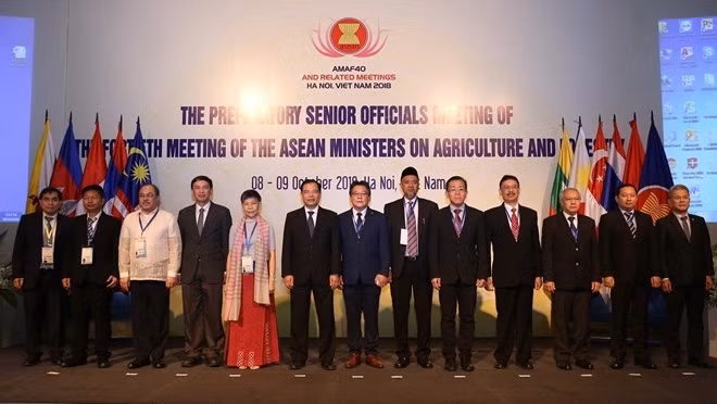 Officials pose for a photo at the opening ceremony of the Senior Officials’ Meeting of the ASEAN Ministers on Agriculture and Forestry in Hanoi on October 8 (Photo: VNA)