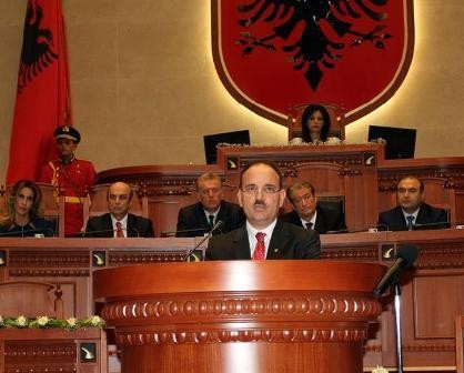 Albania’s new president Bujar Nishani holds a speech after swearing in ceremony at a parliament session to become post-c