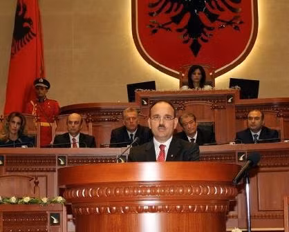 Albania’s new president Bujar Nishani holds a speech after swearing in ceremony at a parliament session to become post-c