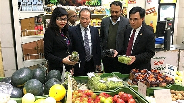 A booth showcasing Vietnamese fruits in India. (Photo: congthuong.vn)