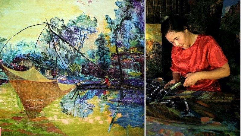 Painter Tran Thanh Thuc and her torn-fabric painting 