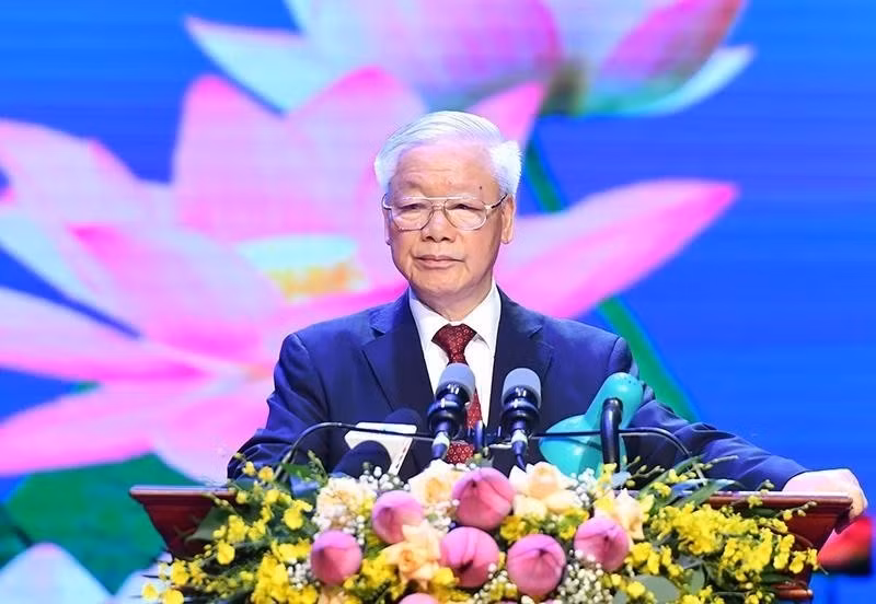 Party General Secretary Nguyen Phu Trong speaks at the Hanoi meeting on July 18 marking the 60th anniversary of Vietnam-Laos diplomatic relationship and 45 years since the signing of the bilateral treaty on amity and cooperation. (Photo: NDO/Dang Khoa)