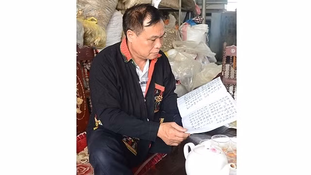 Trieu Phu Duc is reading a book written in the Nom Dao script.