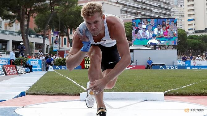 France's Kevin Mayer in action during the men's shot put. (Reuters)