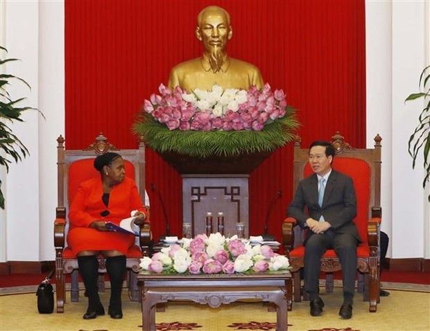 Vo Van Thuong, Politburo member and permanent member of the Secretariat of the Communist Party of Vietnam (CPV) Central Committee (R) and President of the Assembly of Mozambique Esperanca Laurinda Francisco Nhiuane Bias. (Photo: VNA)