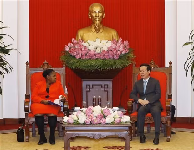 Vo Van Thuong, Politburo member and permanent member of the Secretariat of the Communist Party of Vietnam (CPV) Central Committee (R) and President of the Assembly of Mozambique Esperanca Laurinda Francisco Nhiuane Bias. (Photo: VNA)
