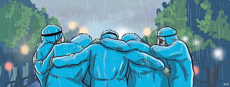 A drawing on a group of volunteers holding each other's shoulders under torrential rain in the pandemic-hit Ho Chi Minh City by Thang Fly Comics