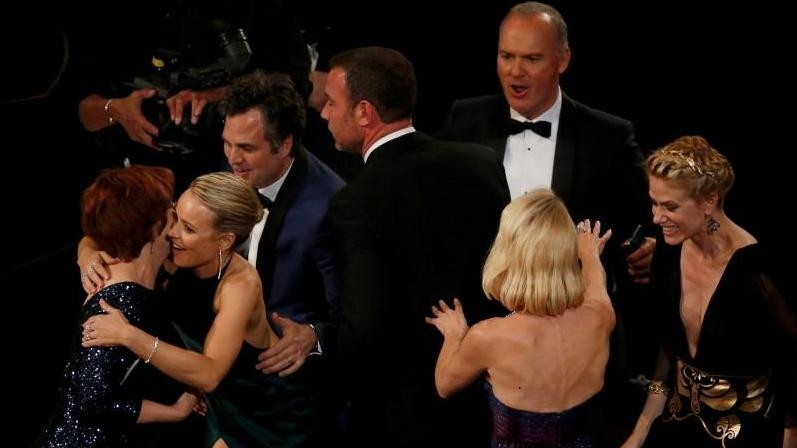 The cast of the film 'Spotlight' react after they won the Oscar for Best Picture at the 88th Academy Awards in Hollywood, California February 28, 2016.