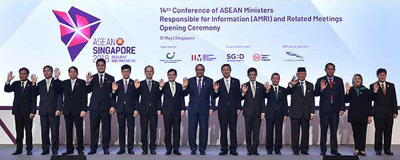 ASEAN Information Ministers pose for a group photo at the 14th ASEAN Ministers Responsible for Information meeting on May 10 in Singapore. (Photo: Borneo Bulletine/ASEAN)