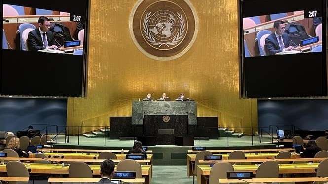 Ambassador Dang Hoang Giang speaking at a UN discussion session. (Photo: VNA)