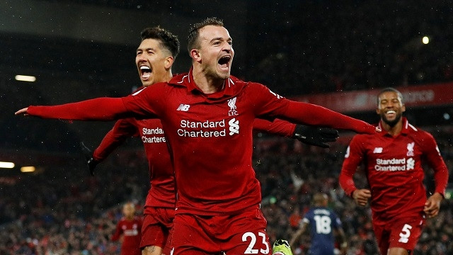Liverpool's Xherdan Shaqiri celebrates scoring their third goal with Roberto Firmino and Georginio Wijnaldum - Premier League - Liverpool v Manchester United - Anfield, Liverpool, Britain - December 16, 2018. (Photo: Reuters)