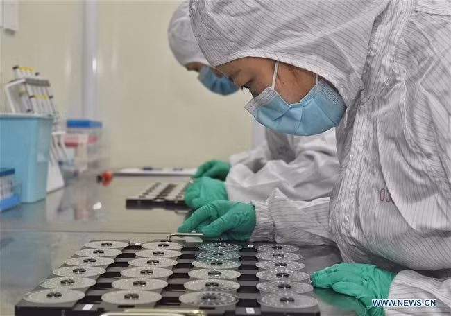 Staff process nucleic acid test chip at the plant of a Chengdu-based biotech company in southwest China's Sichuan Province, February 24, 2020. (Photo: Xinhua)