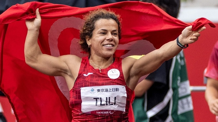 Raoua Tlili celebrates after winning the Athletics Women's Discus Throw - F41 Final in the Olympic Stadium, Tokyo, Japan, September 1, 2021. (Photo: OIS/IOC)