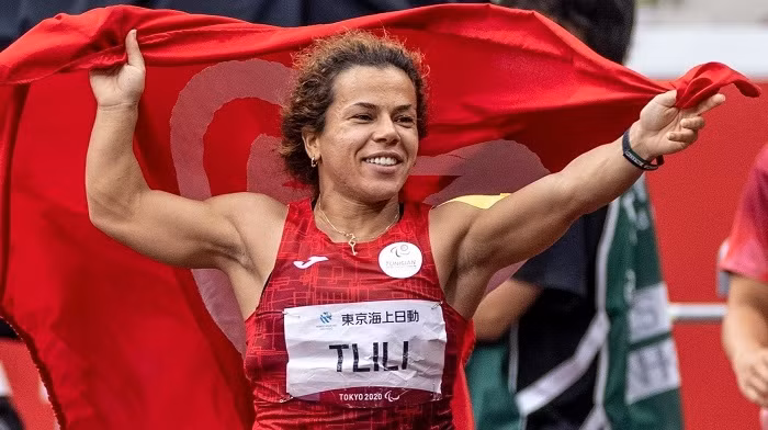 Raoua Tlili celebrates after winning the Athletics Women's Discus Throw - F41 Final in the Olympic Stadium, Tokyo, Japan, September 1, 2021. (Photo: OIS/IOC)