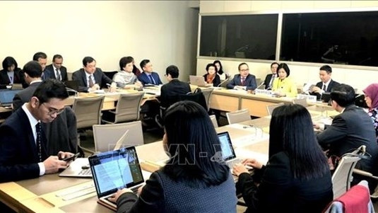 Permanent Representative of Vietnam in Geneva, Ambassador Le Thi Tuyet Mai (in yellow shirt) chairs a meeting of the ASEAN Committee in Geneva (ACG) in WTO on February 11. (Photo: VNA)