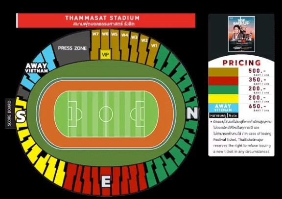 The allocation of seats and ticket prices at Rangsit’s Thammasat Stadium which will host the Vietnam-Thailand clash on September 5.
