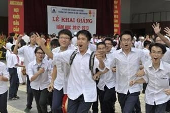 Students at Hanoi-Amsterdam High School for the Gifted arrive for the opening of the academic year.