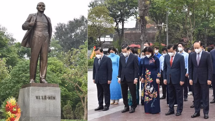Hanoi leaders pay tribute to Vladimir Ilyich Lenin at his statue in Ba Dinh district. (Photo: NDO)