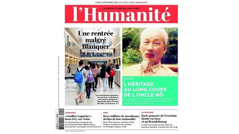 The photo of President Ho Chi Minh solemnly posted on the front page of the L'Humanité newspaper’s September 2 issue. (Photo: L'Humanité)