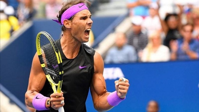 Sept 8, 2019; Flushing, NY, USA; Rafael Nadal of Spain wins the first set against Daniil Medvedev of Russia in the men’s final match on day fourteen of the 2019 US Open tennis tournament at USTA Billie Jean King National Tennis Centre. (Credit: USA TODAY Sports)