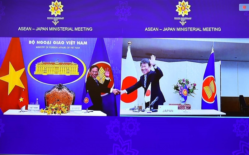 Vietnamese Minister of Foreign Affairs Bui Thanh Son (L) and his Japanese counterpart Motegi Toshimitsu