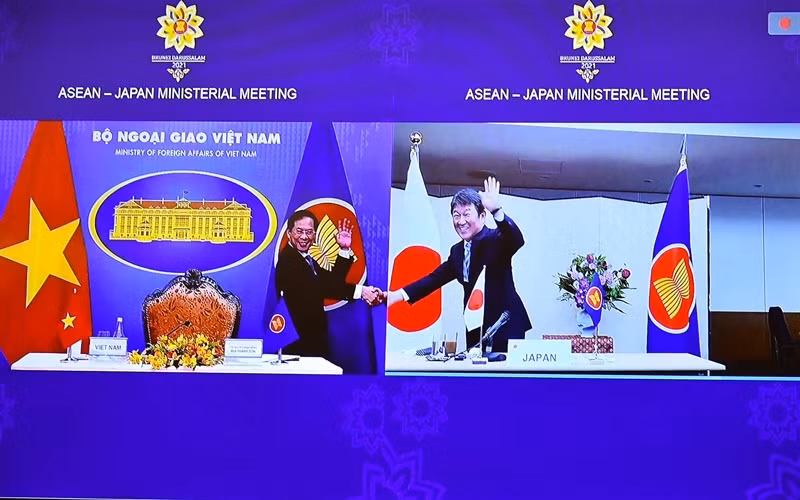 Vietnamese Minister of Foreign Affairs Bui Thanh Son (L) and his Japanese counterpart Motegi Toshimitsu