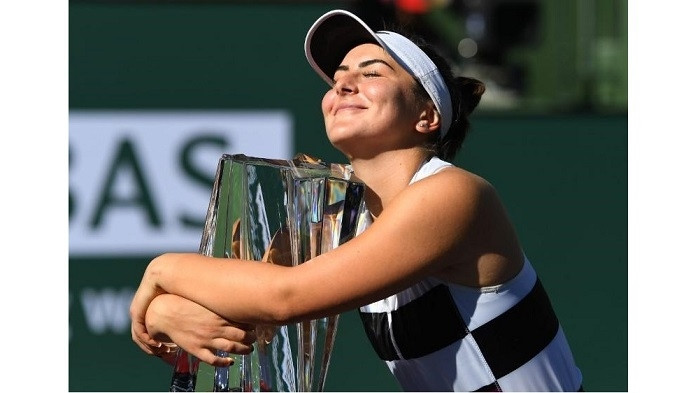 Bianca Andreescu with the championship trophy after defeating Angelique Kerber (not pictured) in the final match of the BNP Paribas Open at the Indian Wells Tennis Garden, Indian Wells, CA, USA, Mar 17, 2019. (Photo: USA TODAY Sports)