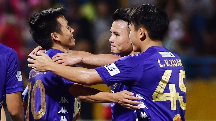 Hanoi FC players celebrate their victory against Ho Chi Minh City. (Photo: NDO/Tran Hai)