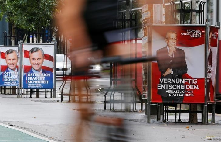 A cyclist passes presidential election campaign posters of Norbert Hofer (L) of the FPOe and Alexander Van der Bellen, who is supported by the Greens, in Vienna, Austria September 6, 2016. (Photo: Reuters)