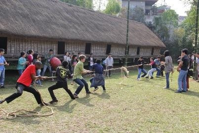 Playing tug of war at the museum