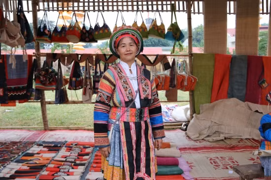 Artisan Vang Thi Mai standing in front of a booth showcasing products of Hop Tien Brocade Weaving Cooperative at the 2016 Hanoi Ao Dai festival (Photo: bienphong.com.vn)