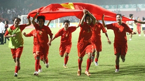 The women’s national football team celebrate their victory at the recent 2014 AFC Women’s Asian Cup qualifiers.