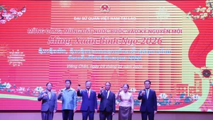 Vietnamese Ambassador to Laos Nguyen Minh Tam (third from left) and Lao Party and State leaders at the Tet gathering (Photo: VNA)