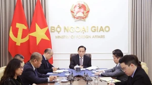Politburo member and Minister of Foreign Affairs Le Hoai Trung at the phone talks (Photo: VNA)