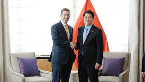 State President Luong Cuong (R) meets with Chief Executive Officer of Warburg Pincus Jeffrey David Perlman in New York on September 22 (local time). (Photo: VNA)