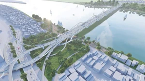Perspective of Tran Hung Dao Bridge.