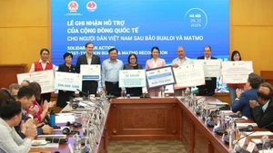Deputy Minister of Agriculture and Environment Nguyen Hoang Hiep presents a token of appreciation to embassies and international organisations for their contributions to supporting Vietnamese people affected by the storms.