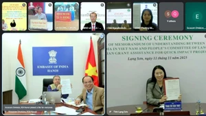 The online signing ceremony on the implementation of QIPs. (Photo: Embassy of India in Viet Nam)