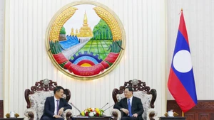 Lao Prime Minister Sonexay Siphandone (R) hosts a reception for Prosecutor General of the Supreme People’s Procuracy of Vietnam Nguyen Huy Tien. (Photo: VNA)