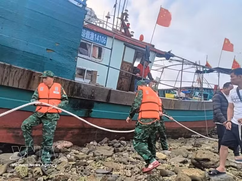 Officers and soldiers of the Hai Phong Border Guard assist a Chinese fishing vessel in securing its moorings while awaiting favourable weather conditions for being towed into the harbour shelter. (Photo: VNA)