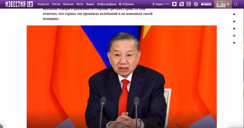 A screenshot of an Izvestia (iz.ru) story on the state visit to Russia by General Secretary of the CPV Central Committee and President To Lam (Photo published by VNA)