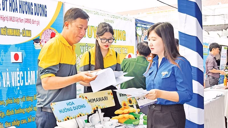 Businesses provide recruitment and employment consultancy services at a job fair in Ca Mau Province. (Photo: Mong Thuong)