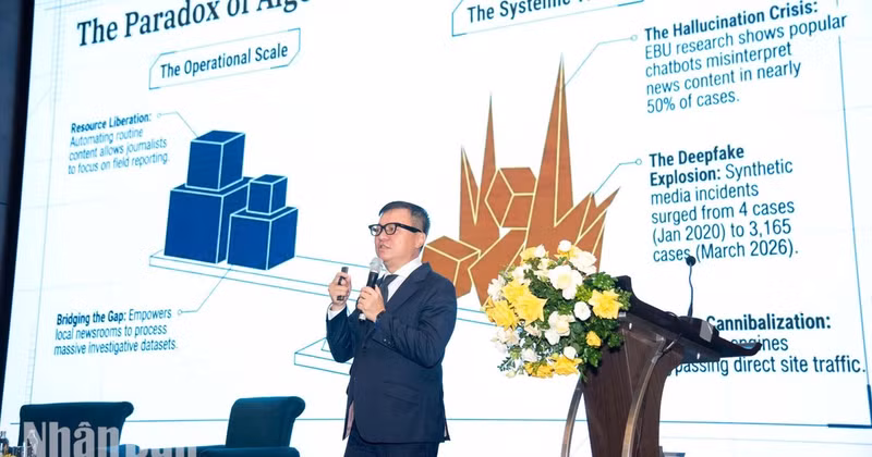 Le Quoc Minh, Member of the Party Central Committee (PCC), Editor-in-Chief of Nhan Dan Newspaper, Deputy Head of the PCC’s Commission for Communication and Education, and Chairman of the Viet Nam Journalists Association, speaks at the forum.